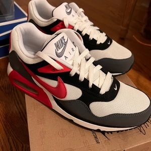 Mens size 9 air max sunrise sneaker red, grey white and black.